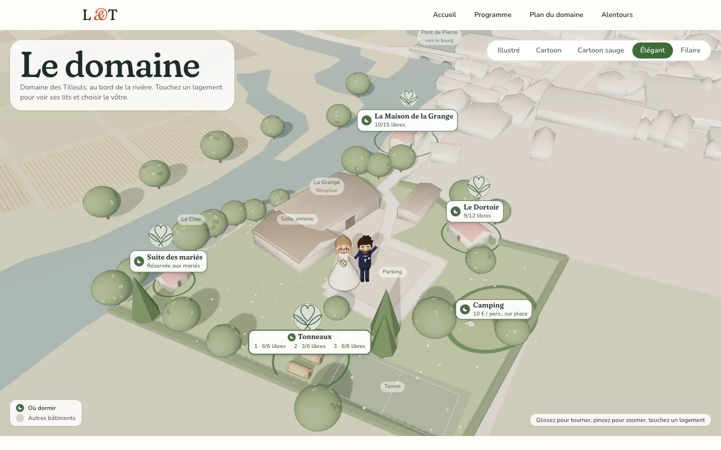 Plan 3D du domaine, rendu « Élégant » : bâtiments, arbres, rivière, et étiquettes des logements (La Maison de la Grange 10/15 libres, Le Dortoir 9/12, Tonneaux, Camping, Suite des mariés).