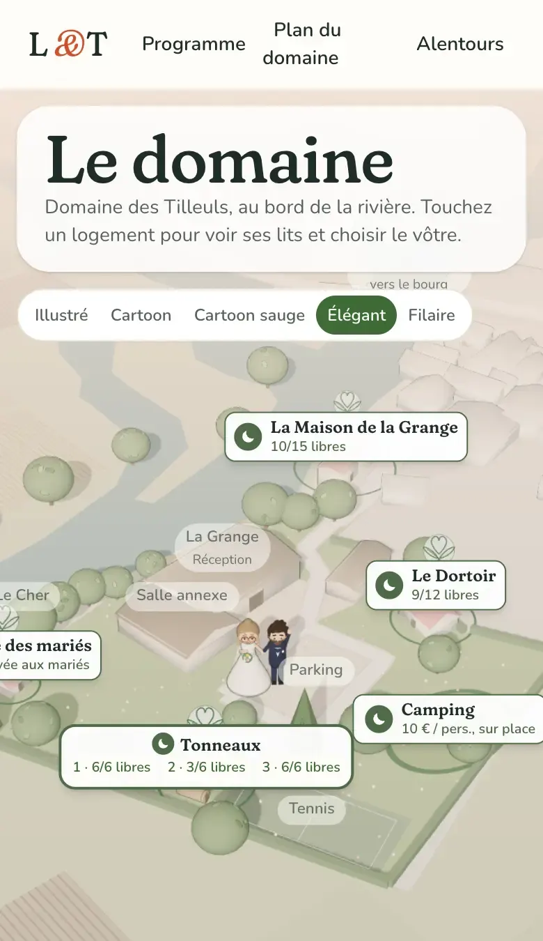 Plan 3D du domaine sur téléphone, avec le choix du style de rendu et les logements.