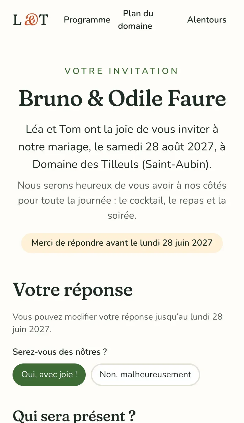 Page de réponse d’un invité sur téléphone : « Votre invitation, Bruno & Odile Faure », date limite, boutons « Oui, avec joie ! » et « Non, malheureusement ».