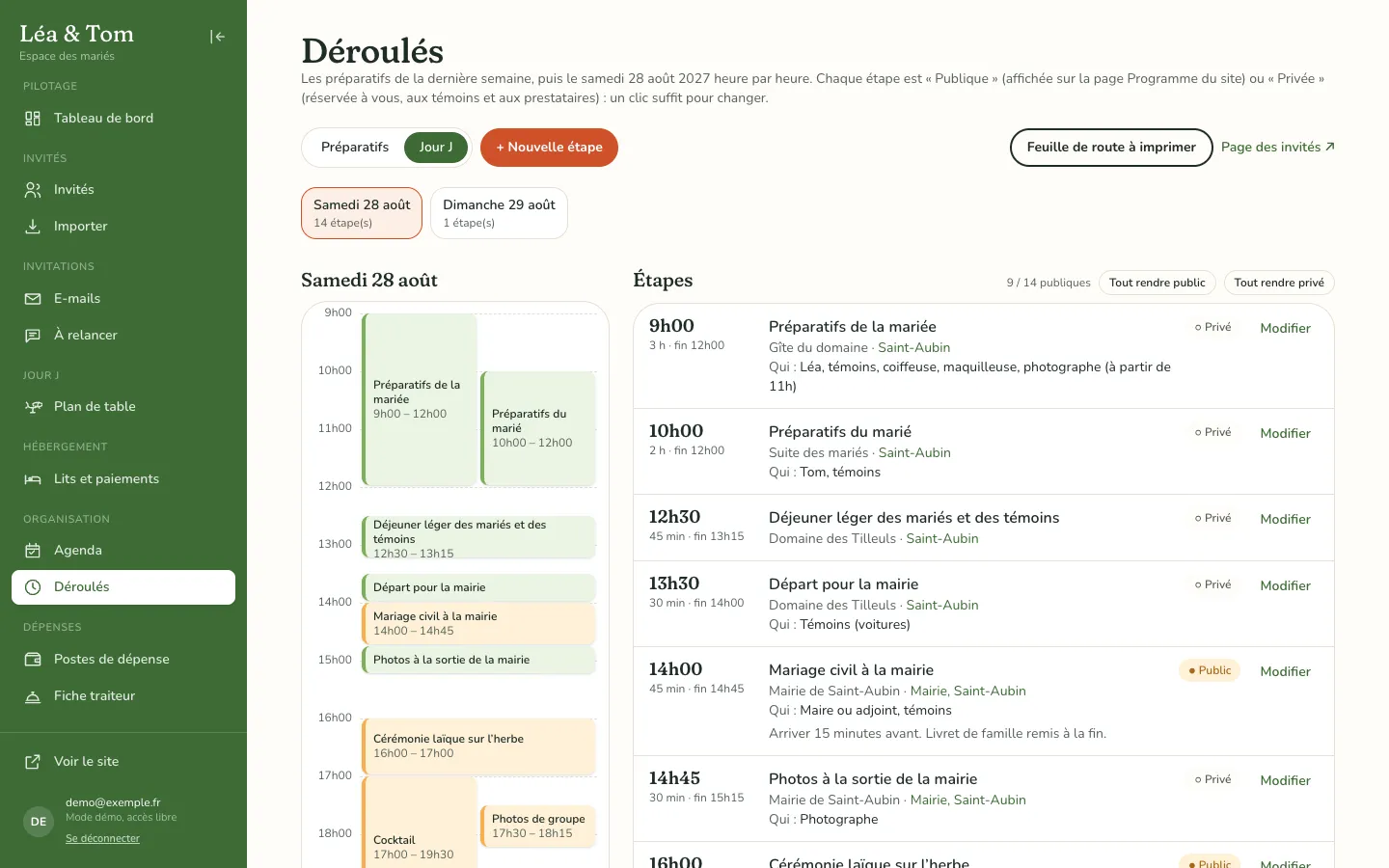 Écran Déroulés : frise horaire du samedi de 9 h à 18 h avec préparatifs, mairie, photos, cérémonie laïque, et liste des étapes avec lieu, responsables et statut public ou privé.
