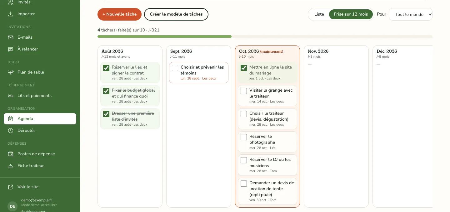 Écran Agenda du logiciel : frise sur 12 mois avec les tâches cochées en août, le mois en cours surligné et la barre de progression « 4 tâches faites sur 10 ».