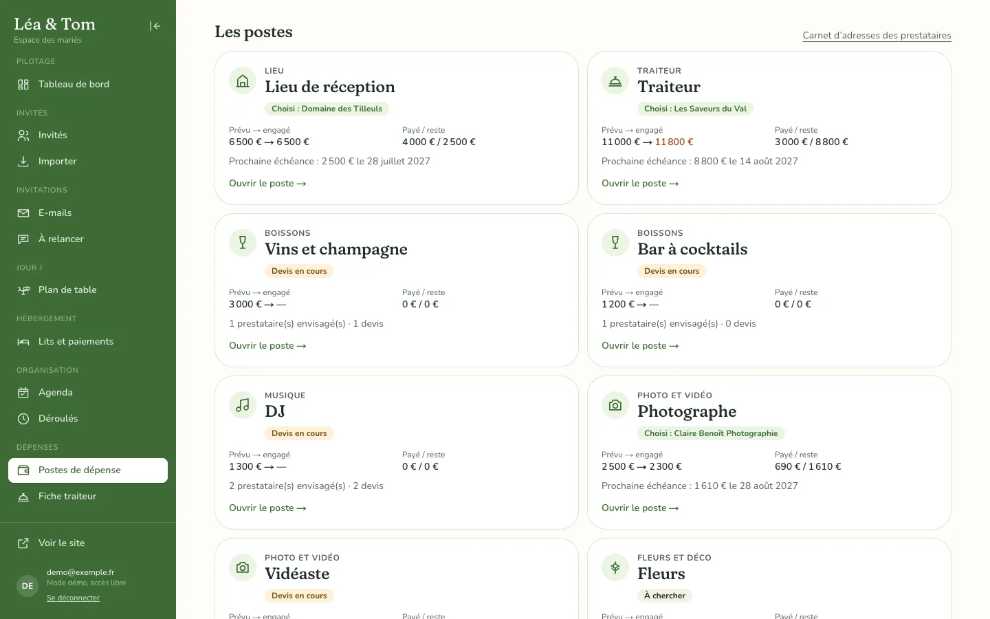 Écran Les postes : cartes Lieu de réception, Traiteur, Vins et champagne, Bar à cocktails, DJ et Photographe, avec le prestataire choisi, le prévu, l’engagé et le reste à payer.