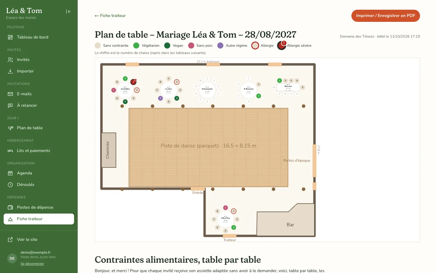 Dossier pour le traiteur : plan de la salle avec numéros de chaise et pastilles de régime (végétarien, vegan, sans porc, allergie, allergie sévère).